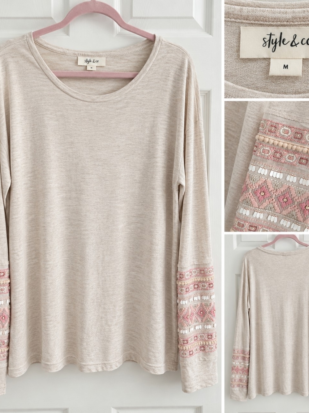 Style & Co. Beige Scoop Neck Sweater with Pink & Cream Embroidered Sleeves